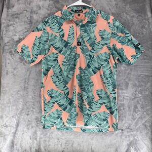 Bad Birdie Men small Tropical Leaf Print Golf Polo Shirt Coral Teal Short Sleeve